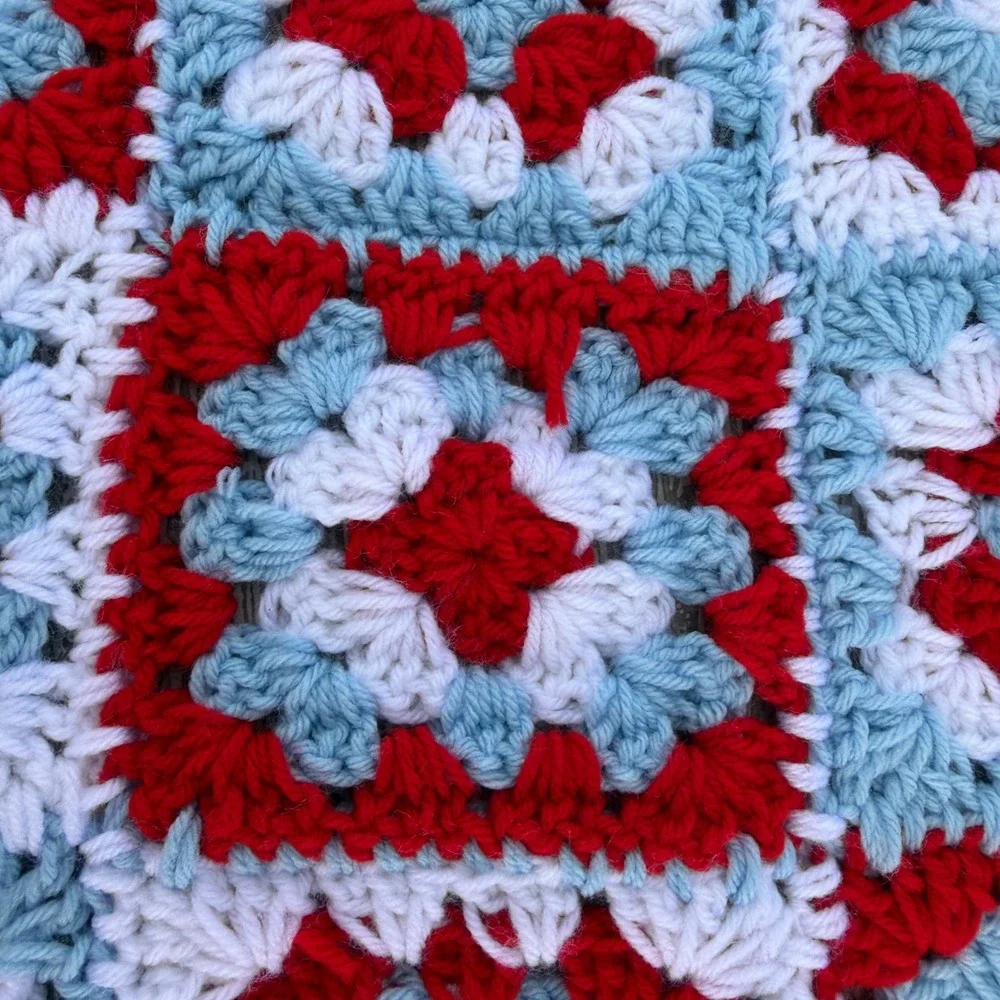 Handmade Crochet Granny Square Blanket Red White Blue Throw 39x33 Cottagecore